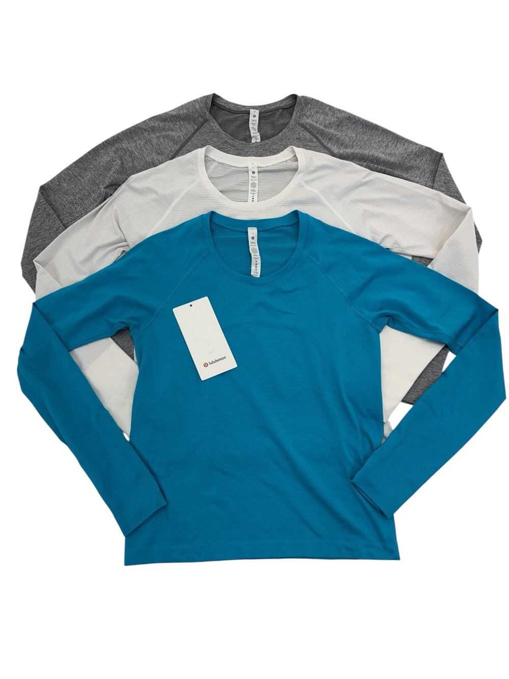THREE Lululemon Swiftly Tech Long Sleeve 2.0 Race Length Shirts 8 Blue/Wht/Gray